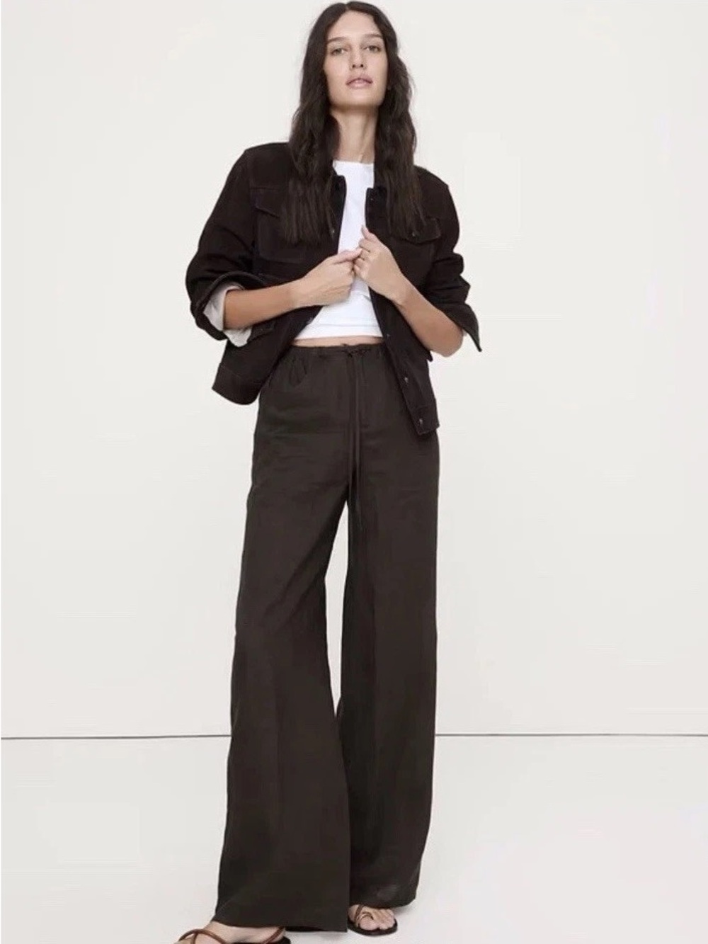 Banana Republic Studio Wide Leg Drawstring Linen Pants Chocolate Brown M EUC